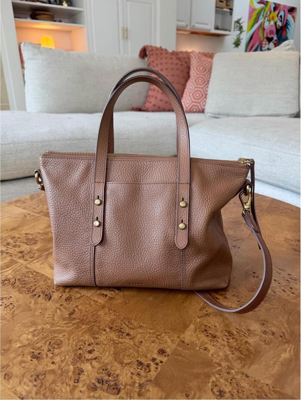 Fossil Pebbled Leather Tote in Tan